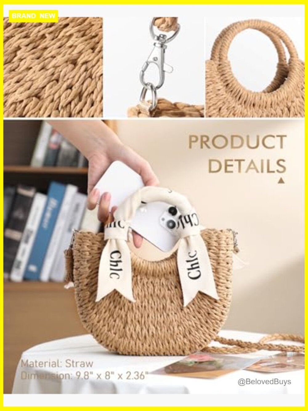 Woven Straw Crossbody Bag - Beach Purse with Ribbon & Drawstring - Picture 2 of 7